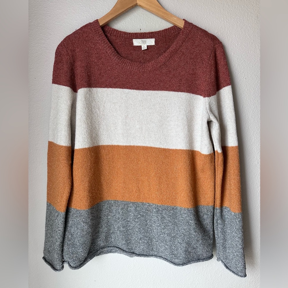 Pinque Women's Gina Crew Neck Striped Pullover Sweater Rust Stone Combo Size L